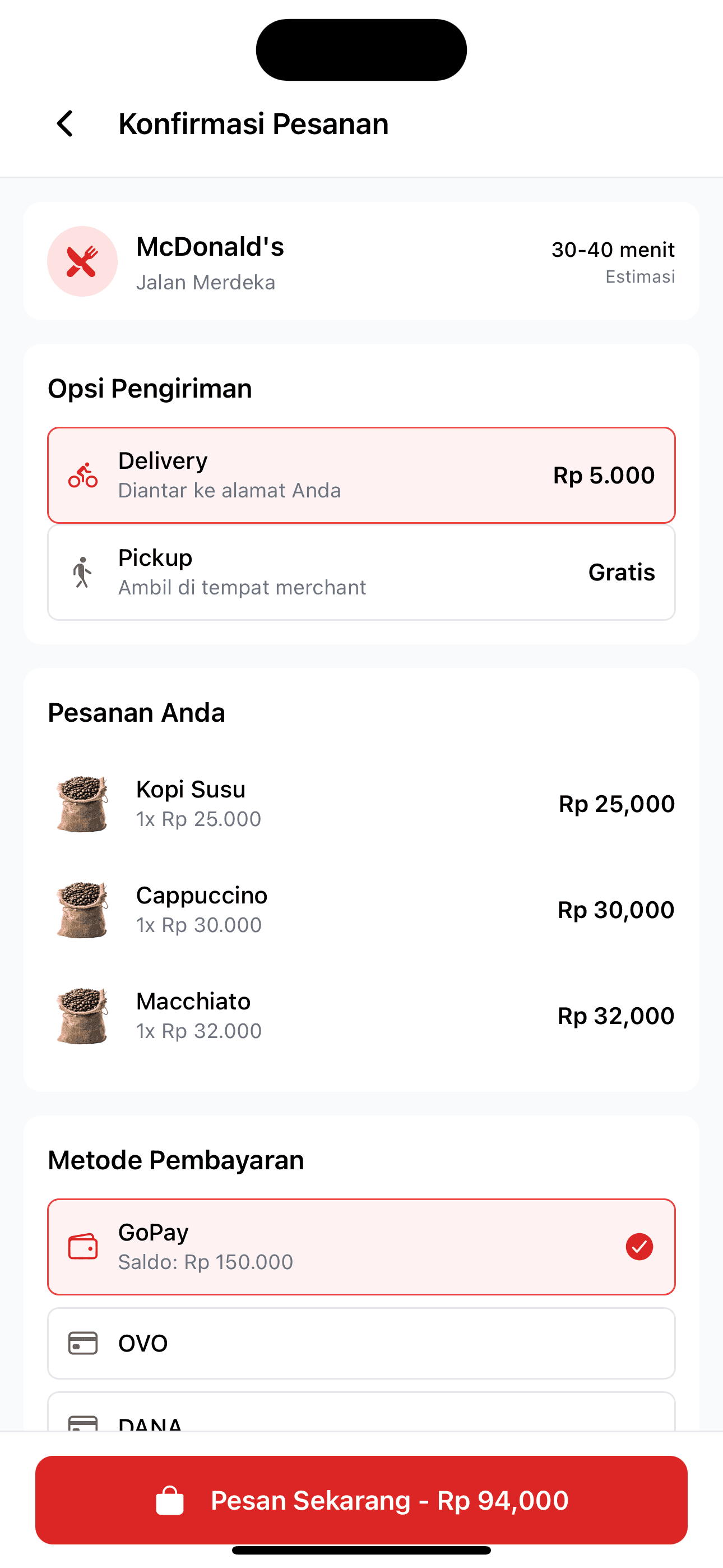 Merchant Confirm Order Screen